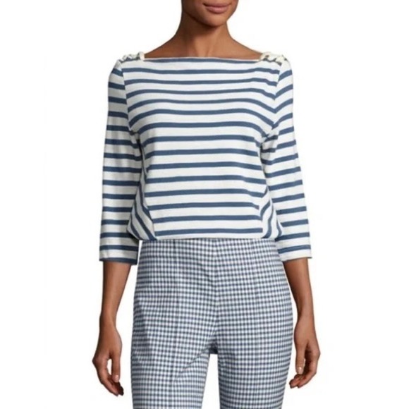 NWT!! VERONICA BEARD Lincoln Boat Neck Mariner Top Ecru Indigo Nautical X-Small